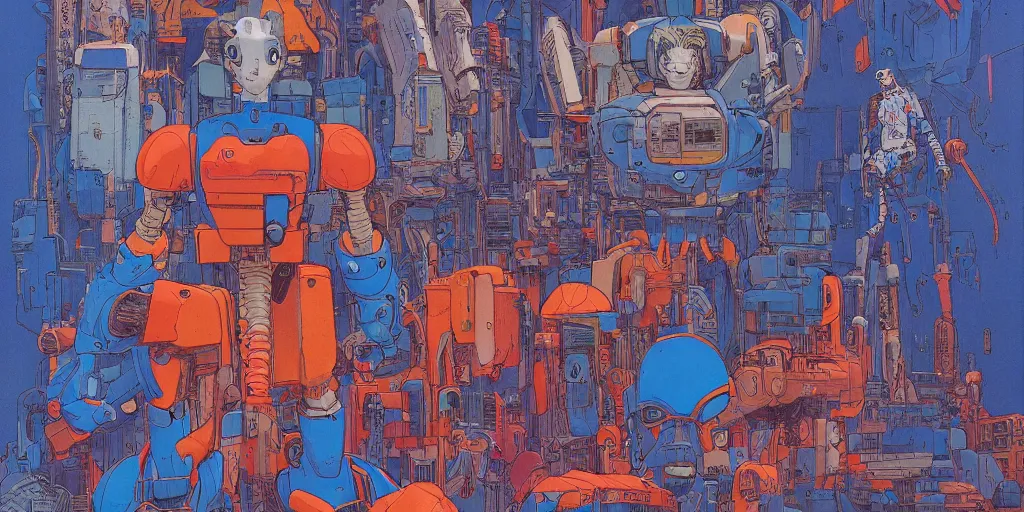 Image similar to risograph, gigantic mecha faces, no artifacts, tiny rats, a lot of exotic animals around, big human faces everywhere, by satoshi kon and moebius, matte blue colors, surreal design, crispy, super - detailed, a lot of tiny details, no blur, 4 k, fullshot