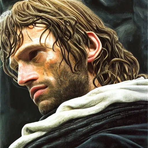 Image similar to high quality high detail painting by lucian freud, hd, aragorn from lord of the rings