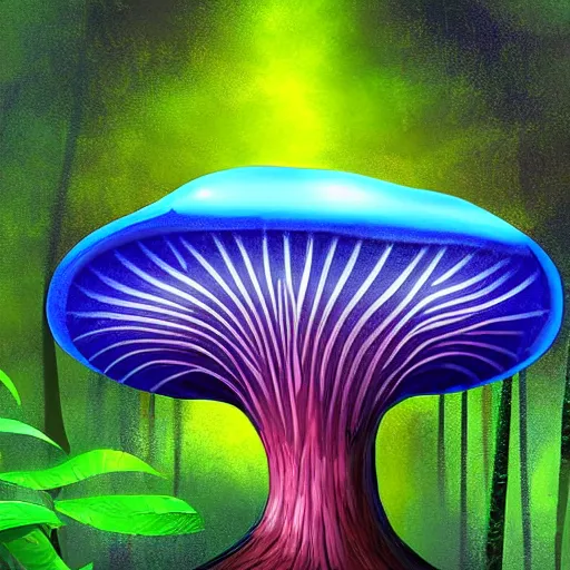 Prompt: A huge glowing blue mushroom inside a rainforest, digital art