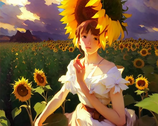 Image similar to beautiful sunflower anime girl, krenz cushart, mucha, ghibli, by joaquin sorolla rhads leyendecker - h 6 4 0