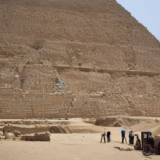 Image similar to a photograph of the great pyramid of giza at the early stages of construction with scaffolding and workers, dslr high resolution