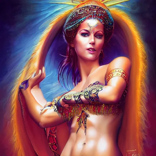 Prompt: photo of a beautiful female bellydancer dragon, anthropomorphic, sharp focus, illustration, ultra real, masterpiece, glowing holy aura by magali villeneuve and stanley artgerm lau, wlop,