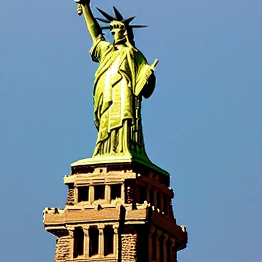 Prompt: photo of a gold and jewel-encrusted statue of liberty