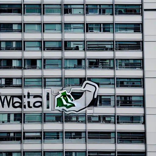 Prompt: A high resolution photo of a building with a whatsapp logo graffity on it, the photo was taken from far away, the photo was taken from the ground looking up at the building.