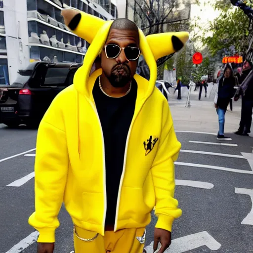 Image similar to kanye west in a yellow pikachu hoody