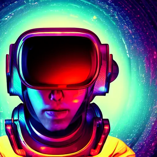 Prompt: cyberpunk astronaut bot, cinema 4 d, galaxy space sci - fi, wearing vr goggles, illustration, portrait, pastel neon textured background night, detailed,
