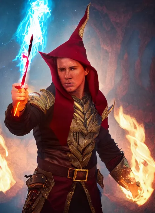 Prompt: A fantasy comic book style portrait painting of a Channing Tatum as a elf Sorcerer casting a fire spell, unreal 5, DAZ, hyperrealistic, octane render, RPG portrait, ambient light, dynamic lighting