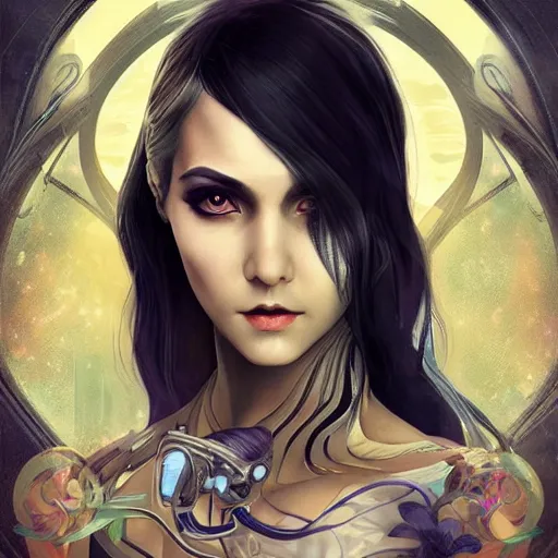 Image similar to an art nouveau, ( cyberpunk ), multi - racial portrait in the style of anna dittmann and charlie bowater and chanthara. very large, clear, expressive, and intelligent eyes. centered, ultrasharp focus, dramatic lighting, photorealistic digital matte painting, intricate symmetrical ultra detailed background.