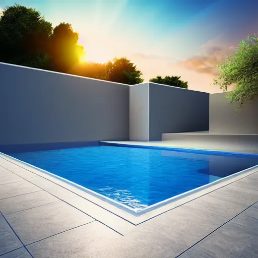 Image similar to liminal space photography, swimming pool, ceramic tiles on the floor and walls, sunset light, clear water, high detailed, photorealistic 4k - H 768