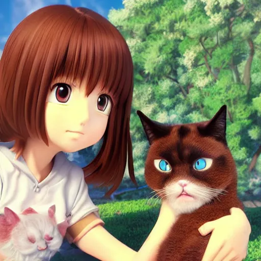 Image similar to Manga cover portrait of an extremely cute and adorable beautiful girl holding an extremely grumpy cat, 3d render diorama by Hayao Miyazaki, official Studio Ghibli still, color graflex macro photograph, Pixiv, DAZ Studio 3D