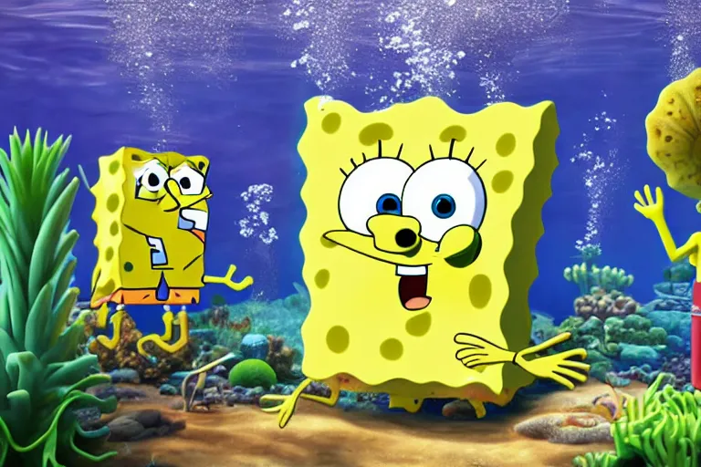 Image similar to SpongeBob is underwater outside a pineapple house, 8k, real photo, hyperrealism