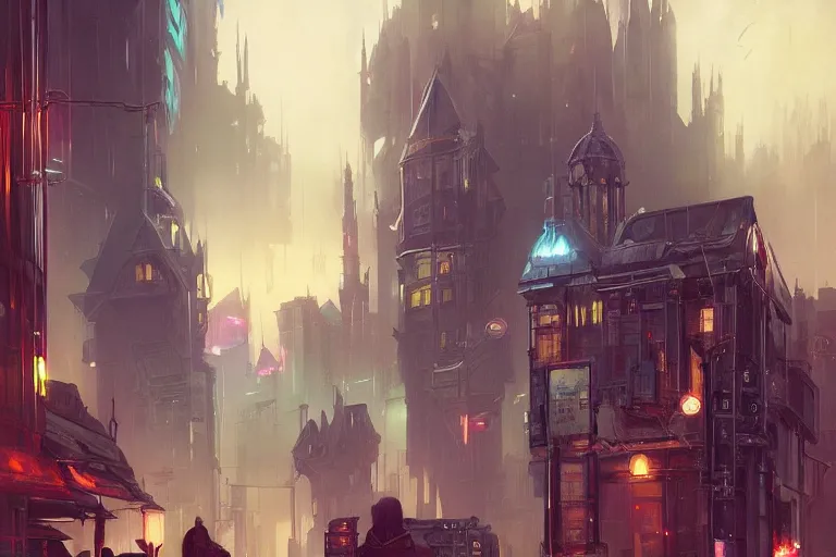 Image similar to Hogwarts cyberpunk city, neon lighting, night city, digital art from artstation by Ruan Jia and Mandy Jurgens and Artgerm and william-adolphe bouguereau and Greg Rutkowski and Wayne Barlowe