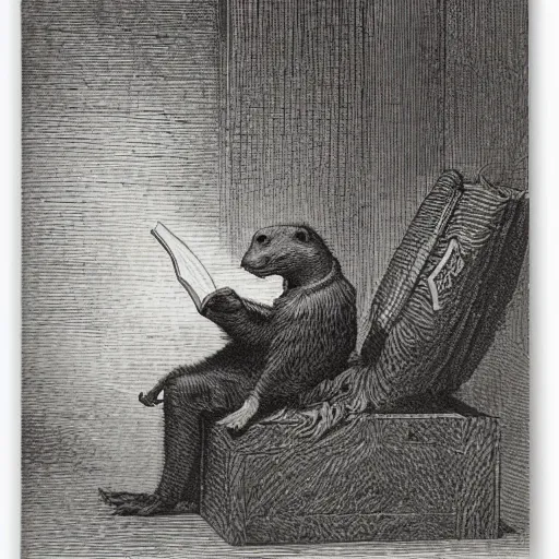 Prompt: a weasel reading a grimoire, by gustave dore