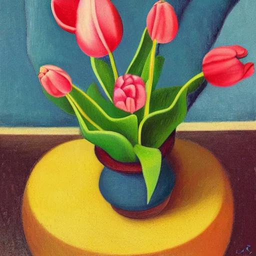 Prompt: Potted Tulip still life, matte painting, in the style of Paul Gaugin