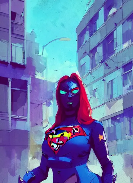 Prompt: superheroine hellcat, blue building in the background, art by ismail inceoglu