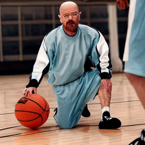 Prompt: walter white wearing adidas track suit and playing basketball
