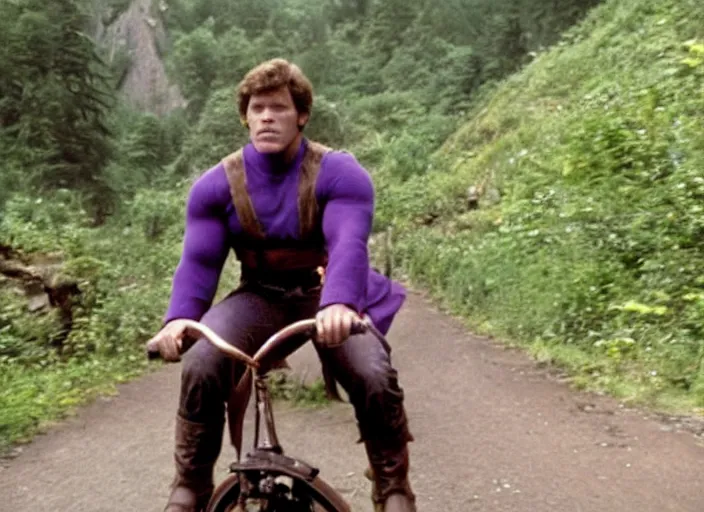 Image similar to film still of thanos riding a small childrens bike down a steep mountain road in the goonies 1 9 8 5