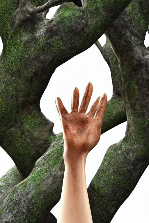 Image similar to hyper realistic beautiful detailed image of a human's palm hand with a tree growing on, white background, photorealistic, 4 k