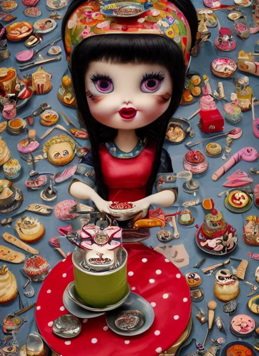 Image similar to closeup portrait of tin toy tin toy elvira eating cakes, depth of field, zeiss lens, detailed, symmetrical, centered, fashion photoshoot, by nicoletta ceccoli, mark ryden, lostfish, earl nore, hyung tae, frank frazetta, breathtaking, 8 k resolution, extremely detailed, beautiful, establishing shot, artistic, hyperrealistic, octane render