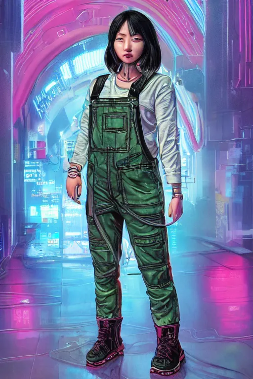 Prompt: a full body illustration of an Asian female cyberpunk character wearing dungarees, highly detailed, oil on canvas, soft lighting, neon pastel colors, by Glenn Fabry, HD, 4K