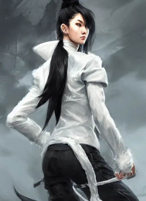 Image similar to a highly detailed illustration of fierce tall amazon messy ponytail black haired one armed delinquent japanese woman wearing white cap wearing long white jacket with cape, dramatic pose, muscular, perfect face, perfect body, intricate, elegant, highly detailed, centered, digital painting, artstation, concept art, smooth, sharp focus, league of legends concept art, wlop.