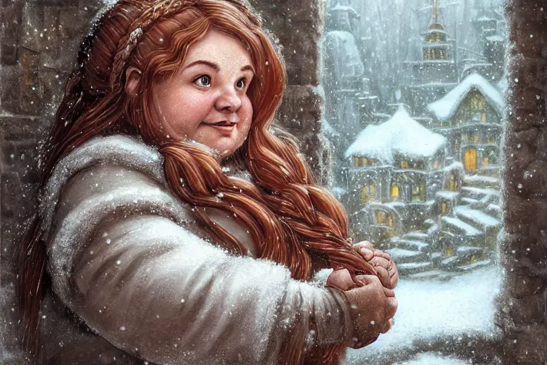 Prompt: A cute hearty chubby dwarven woman at her home looking through the window in a snow day, highly detailed face, complex redhead braided hair, large nose, realistic, beautiful, fantasy art, dungeons and dragons, lord of the rings, in the style of Thomas Kinkade and Wojciech Siudmak, illustration, very cozy, fantasy, intricate, hyper detailed, artstation, concept art, smooth, sharp focus, ray tracing, vibrant, golden hour
