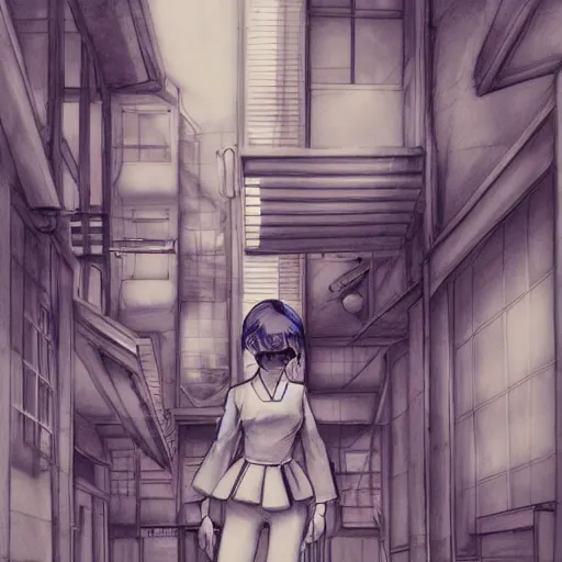 Image similar to a perfect, realistic professional digital sketch of a Japanese schoolgirls posing in a sci-fi alleyway, style of Marvel, full length, by pen and watercolor, by a professional American senior artist on ArtStation, a high-quality hollywood-style sketch, on high-quality paper