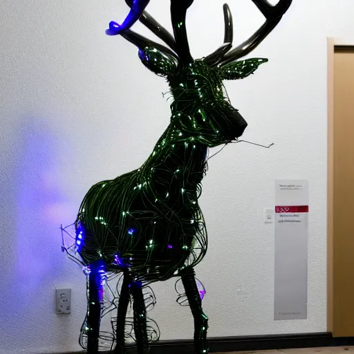 Prompt: Hyperrealistic rendering of a tall fantasy Reindeer sculpture made of wire and Christmas lights, 4k, sigma 35mm