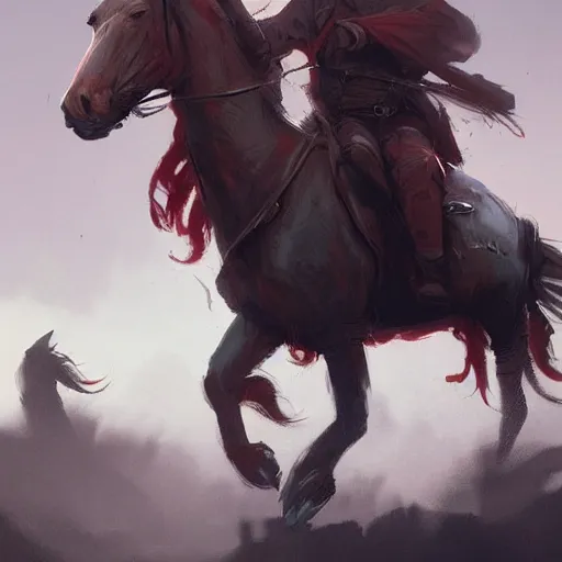 Image similar to Then a reddish horse came out with his riders , digital Art, Greg rutkowski Trending artstation