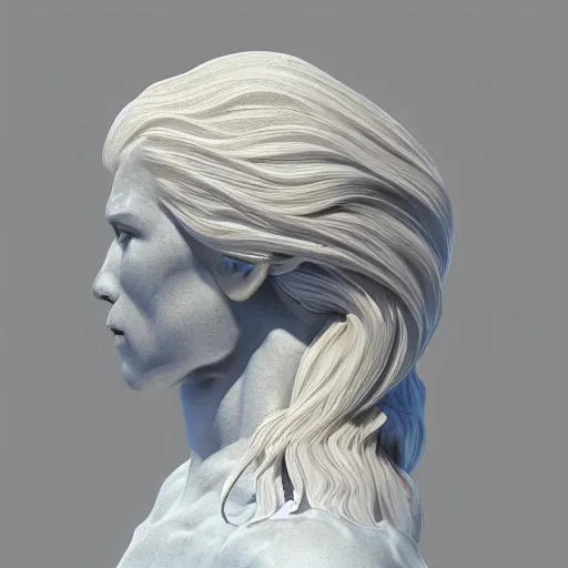 Prompt: 3 / 4 view androgynous bust sculpture made of marble and long flowing hair made of clear ice sculpture, rendered in cinema 4 d, sharp focus w - 9 6 0