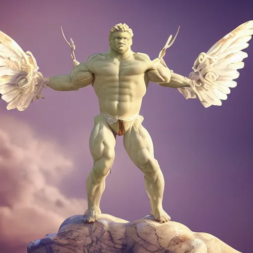 Image similar to photo of fullbody rococo delicate sculpture of a hulking herculean muscular onyx albino marble brock lesnar as an humanoid deity, clothed in silk, wings, sunrays, cinematic lighting, photorealistic, octane render, 8 k, depth of field, 3 d