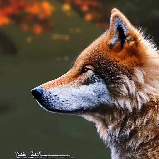 Image similar to professional digital art of a side profile of a tibetan wolf, tan and brown fur, fluffy, autumn, hd, 8 k, highly detailed, high quality, cute