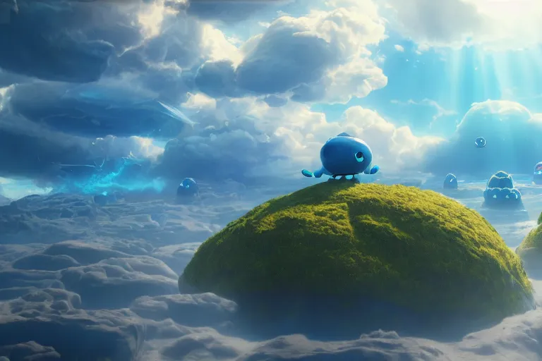 Prompt: cute, blue shiny creatures flying through floating islands, extreme cloud formations, uncanny, cinematic lighting, thomas cole, still from inside out, octane render, ray tracing, volumetric lighting, 4 k