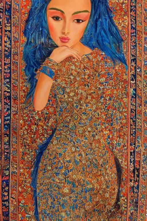 Prompt: gorgeous iranian girl waer detailed golden blue dress lay down on a detailed persian carpet a big tree palm persian pot, oil painting