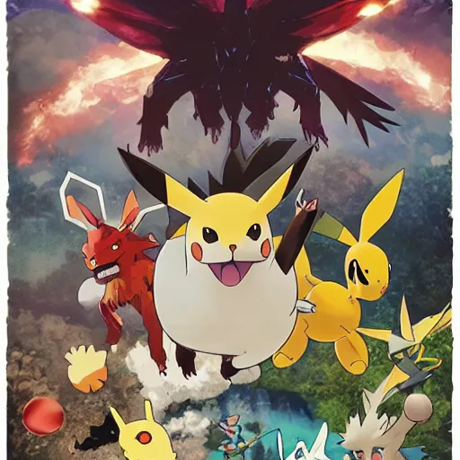 Image similar to poster for a film fantasy japanese animation called pokemon chicken attack, 8 k, hd, dustin nguyen, akihiko yoshida, greg tocchini, greg rutkowski, cliff chiang