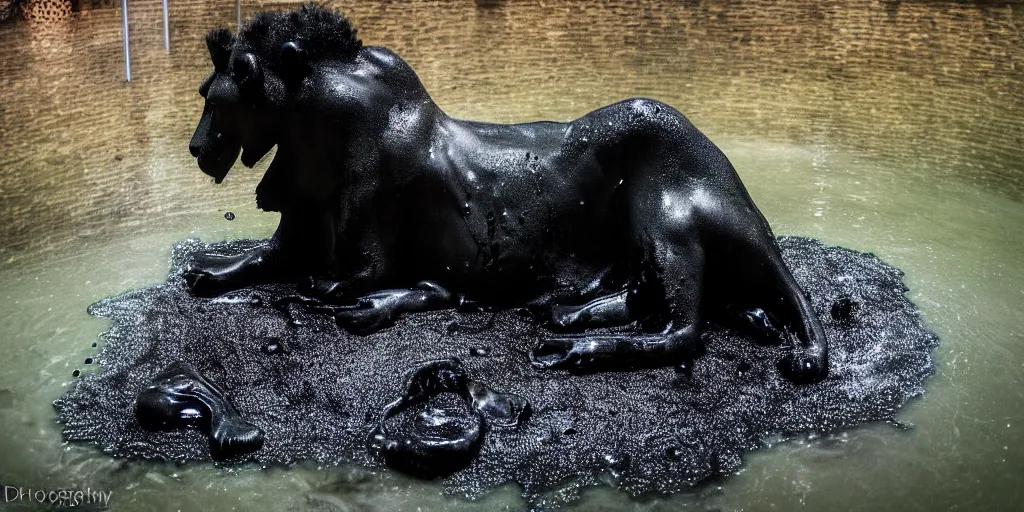 Image similar to the black lioness made of ferrofluid, bathing in the drinking basin in the zoo exhibit, viscous, sticky, full of black goo, covered with black goo, splattered black goo, dripping black goo, dripping goo, splattered goo, sticky black goo. photography, dslr, reflections, black goo, zoo, exhibit