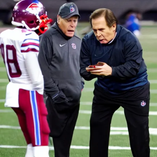 Prompt: A frustrated coach Belichick attempting to teach an android how to play football