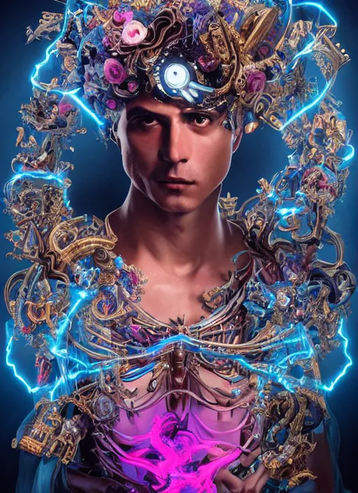 Prompt: full-body rococo and cyberpunk style sculpture of a young seductive Latino prince half android with a chest exposing circuitry, glowing pink seductive laser eyes, crown of blue sparks and diamonds, swirling orange-colored silk fabric, robotic raptors. baroque elements. full-length view. intricate artwork by caravaggio. art by Artgerm and Greg Rutkowski and Alphonse Mucha, Trending on artstation, cinematic industrial lighting, hyper realism, octane render, 8k, depth of field, 3D