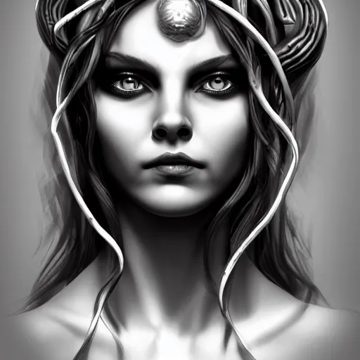 Image similar to medusa portrait marble, black and white, wicked smile, artstation, detailed, blurred background