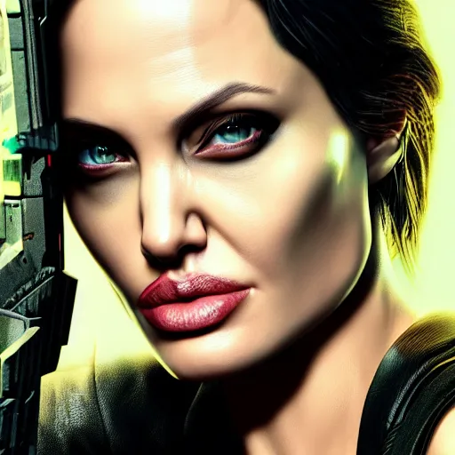 Image similar to angelina jolie portrait, Cyberpunk 2077, cyberpsycho, photorealistic, ultra detailed, neon, octane, bokeh, cyber, cyberpunk city, feature, scars, cyberface, 8k