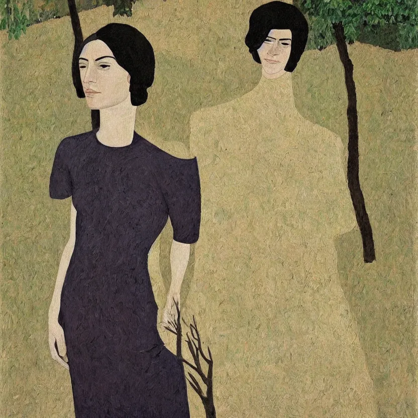Image similar to a painted portrait of a women outdoors paused in thought, art by felice casorati, aesthetically pleasing and harmonious natural colors, rule of thirds, expressionism