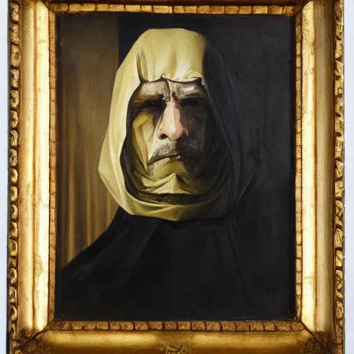 Image similar to a man wearing long dark shadowy cloak, golden chains, face covered by shadow, oil painting, high detail