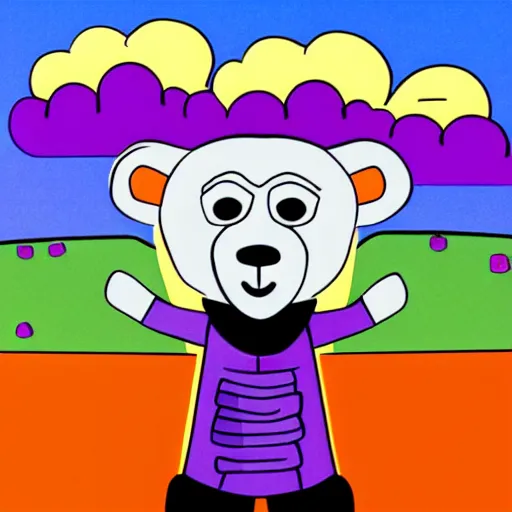 Prompt: cartoon bear wearing clothes being launched out of a futuristic machine into a purple and orange cloud land