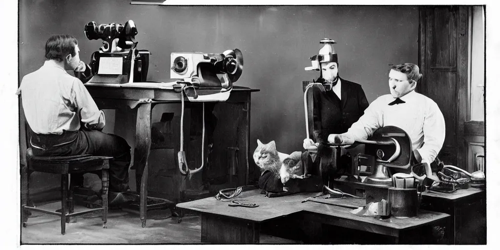 Prompt: an old black and white vintage film photo from 1890, very serious cats working in Tec support, frustrated and annoyed, funny, rotary phone and tools on the desk