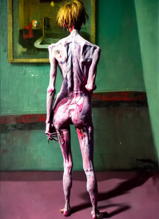 Image similar to an insane, skinny, artist wearing dirty, torn overalls, expressive painting the walls inside a grand messy studio, depth of field, hauntingly surreal, highly detailed painting by francis bacon, edward hopper, adrian ghenie, glenn brown, soft light 4 k in pink, green and blue colour palette, cinematic composition, masterpiece