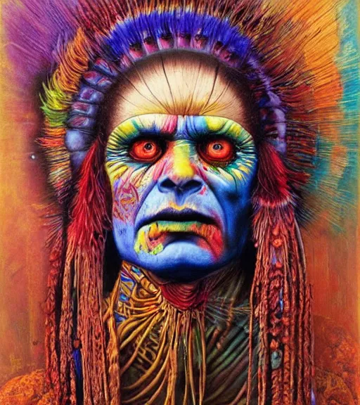 Image similar to Portrait painting in a style of Beksinski mixed with Alex Grey of an old shaman dressed in a colorful traditional clothes. Very psychodelic