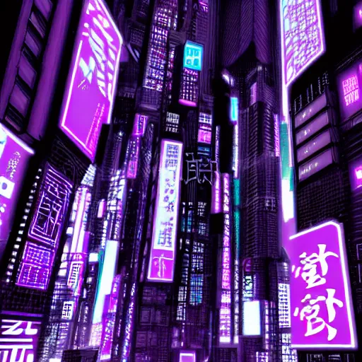 Prompt: Cyberpunk neon Tokyo skyline in style of Tsutomu Nihei in purple and black tones. Cyberpunk, vertical symmetry, 8K, Highly Detailed, Intricate.