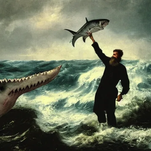 Image similar to An old sailor with a beard, Willem Dafoe, holds a shark at arm's length, stands against the background of a raging sea, the background is blurred, focus in the foreground, realism, details,