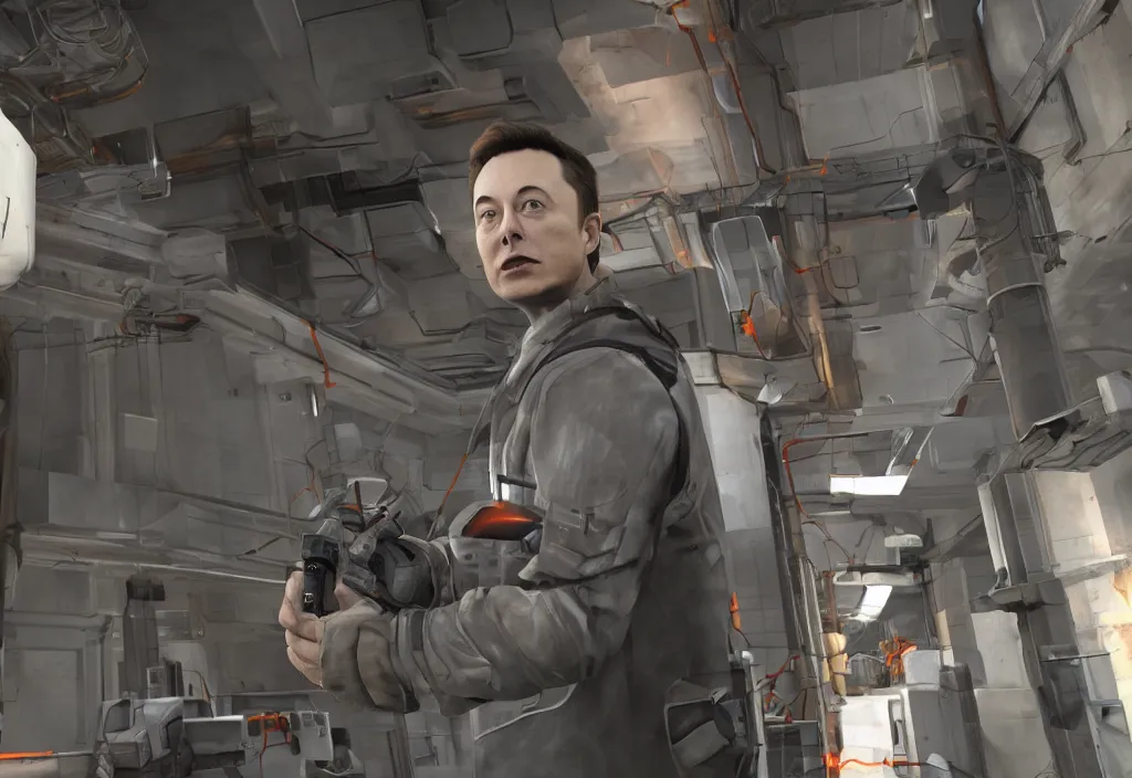 Image similar to elon musk in half life, elon musk in the video game half life, gameplay screenshot, close up, 3 d rendering. unreal engine. amazing likeness. very detailed.