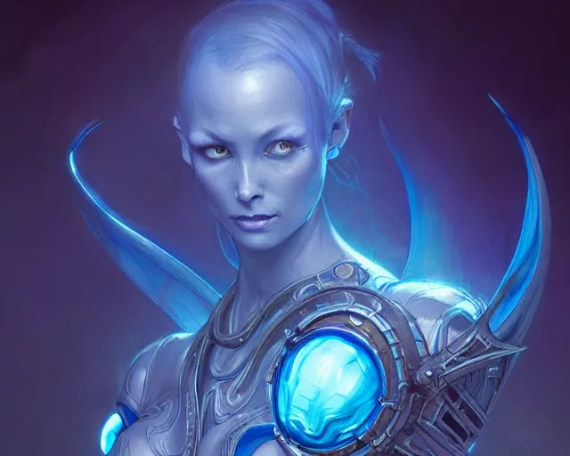 Image similar to deep blue translucent alien, deep focus, d & d, fantasy, intricate, elegant, highly detailed, digital painting, artstation, concept art, matte, sharp focus, illustration, hearthstone, art by artgerm and greg rutkowski and alphonse mucha